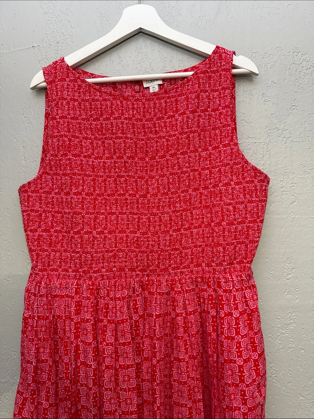 J. CREW Dress Smocked Boatneck Midi Cerise Lotus Bloom Pockets 100% Cotton XL